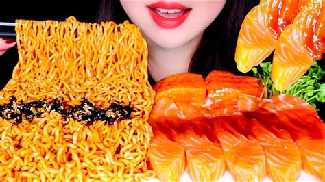 Asmr Spicy Noodles Salmon Sashimi Fire Sauce Eating Sounds No Talking Ji Yoo 7 Asmr