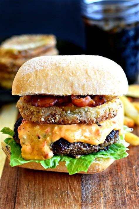 The Best Southern Style Burger With Bacon Pimento Cheese And Fried Green Tomatoes Perfectly