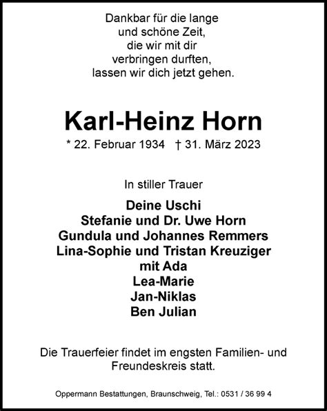 Traueranzeigen Von Karl Heinz Horn Trauer De