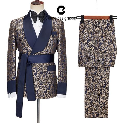 Cenne Des Graoom New Tuxedo Wedding Suits For Men Blue Gold