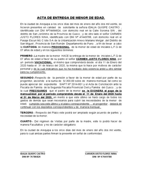 Acta De Entrega De Menor De Edad Pdf