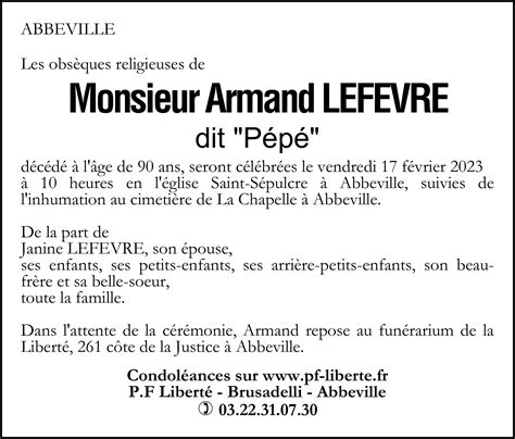 Avis De Décès De Armand Lefevre Pompes Funèbres Liberté Brusadelli