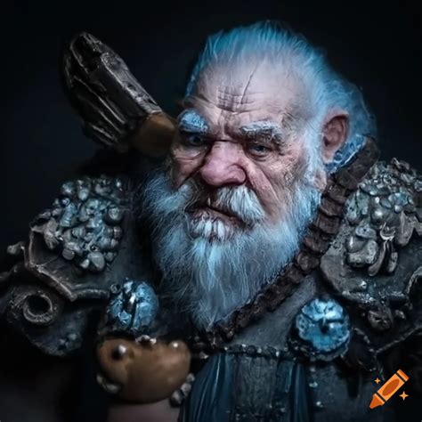 Elderly Armored Dwarf With Glowing Blue Eyes And Massive Hammer On Craiyon