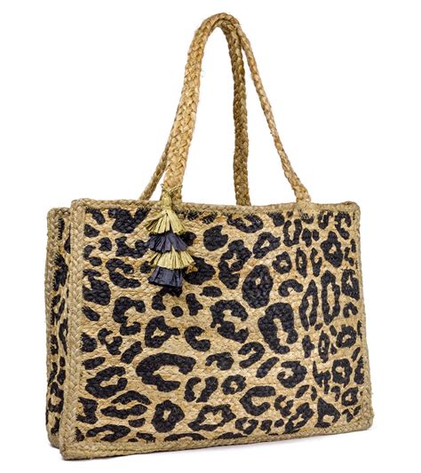 Magid Magid Womens Large Rectangular Leopard Print Jute Beach Bag