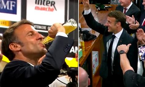 Emmanuel Macron downs a bottle of Corona in one while cheered on by Toulouse rugby players ...