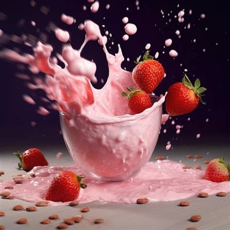 Premium AI Image Strawberries Falling Into Yogurt With Splashes Around