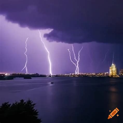 Thunderstorm over a city beyond ocean no people far view thunders and ...