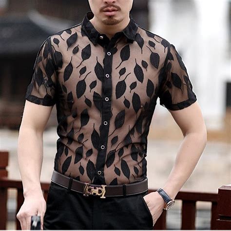 2021 Mens Short Sleeve Casual Shirts With Collar Summer Silk Hollow Out