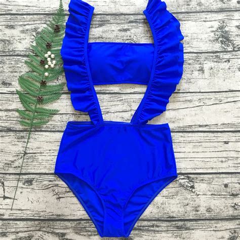 2018 New Ruffle Strap High Waist Bikini Set Padded Strapless Swimsuit Female Blue Bikini