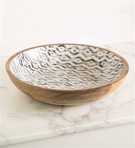 Ikat Grey Enameled Large Mango Wood Serving Bowl Vivaterra