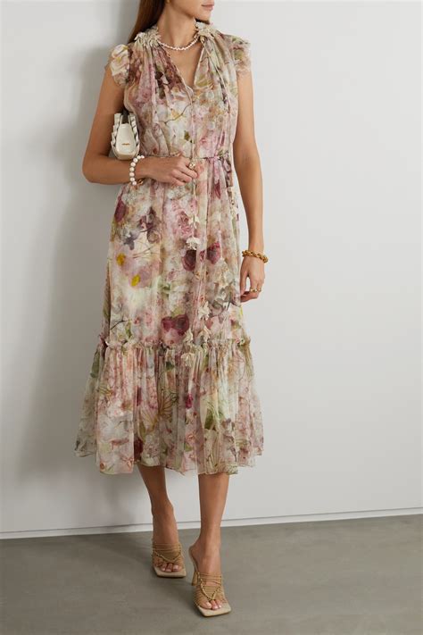 Zimmermann Dancer Flutter Belted Ruffled Floral Print Silk Chiffon Midi