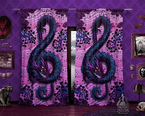 Black And Purple Dragon Curtains 50x84 Printed Window Panels Whimsigoth Treble Clef Music