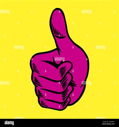 Magenta pink thumbs up sticker overlay on a yellow background vector ...