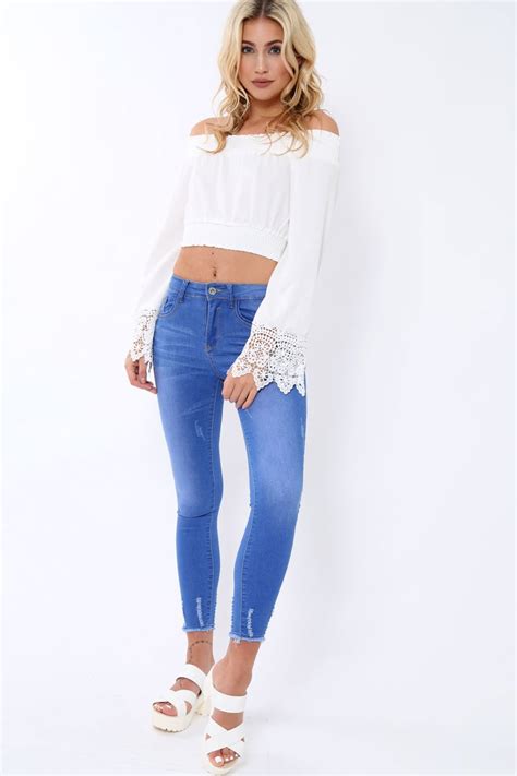 White Bardot Top With Crochet Sleeve Trim Evannah Rebellious Fashion