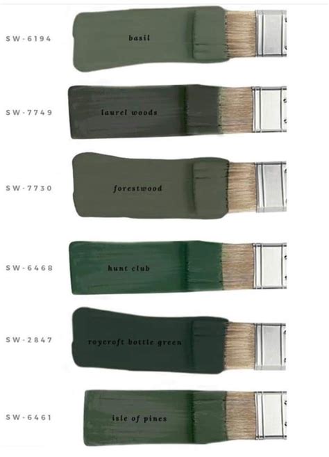 Four Different Shades Of Green Paint With The Names Of Each One In