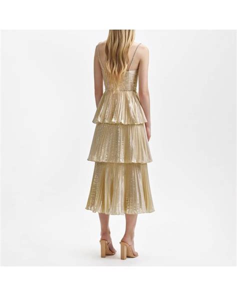 Self Portrait Metallic Tiered Midi Dress In Natural Lyst