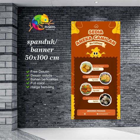 jual cetak spanduk banner kuning oranye ilustratif warung aneka camilan