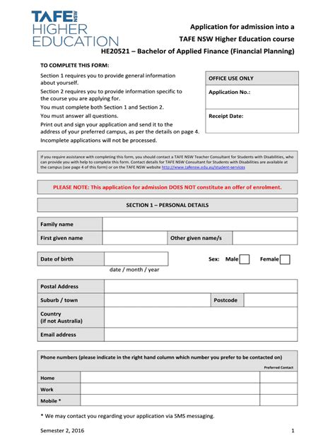 Fillable Online Tafensw Edu Application BFormb TAFE NSW Fax Email