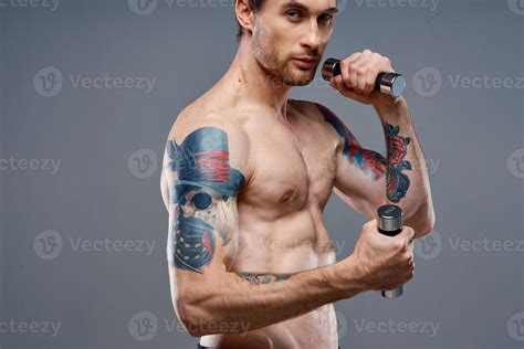Tattooed Guy Naked Torso Muscled Dumbbells Fitness Sport Stock Photo At Vecteezy