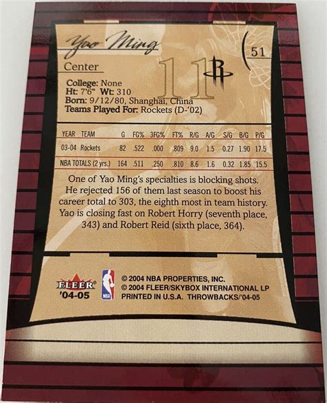 2004 05 Fleer Throwbacks Yao Ming 51 Houston Rockets Card D58 EBay