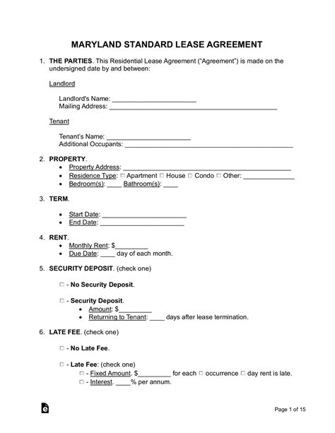 Free Maryland Standard Residential Lease Agreement Template PDF