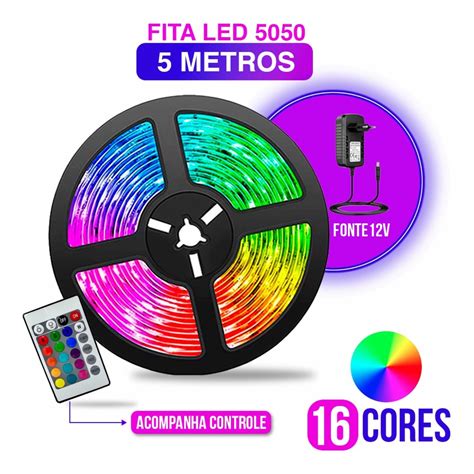 Fita Led Ultra Rgb 5050 5 Metros Controle Fonte 16 Cores Colorida