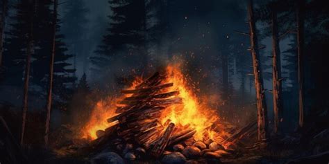 Premium Ai Image Big Bonfire With Flame In The Forest At Night