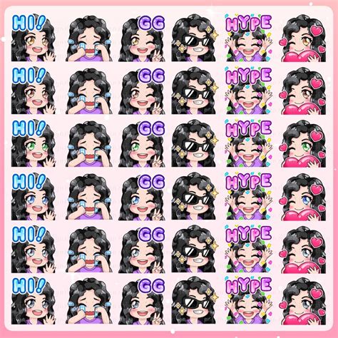 Twitch Emote Pack Chibi Girl Long Curly Black Hair Fair Skin 6 Eye Colors Twitch Discord