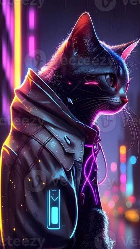 Illustration Of Cat In Cyberpunk Style With Apparel And Clothing With