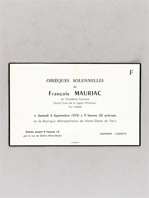 Faire part pour les Obsèques de François Mauriac le Samedi 5 Septembre