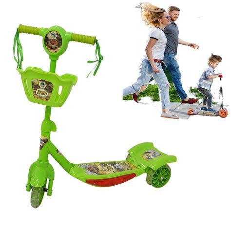 Patinete Infantil 3 Rodas Musical Luzes Cestinha 50KG Dinossauro Verde