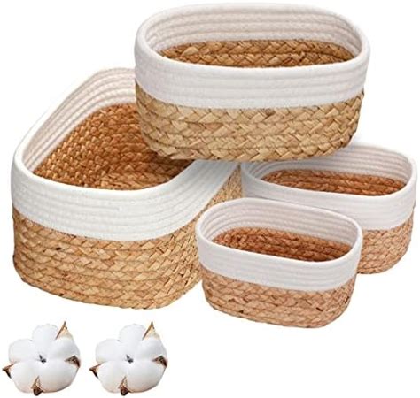 Lot de 4 paniers de rangement tressés en jacinthe d eau et en coton