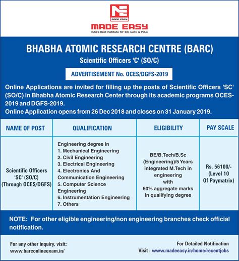 Bhabha Atomic Research Centre (BARC) Recruitment through GATE 2019 ...