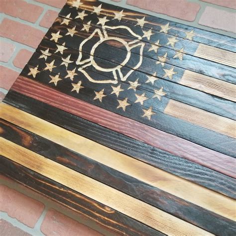 Rustic Wooden American Flag Thin Red Line With Maltese Cross Etsy