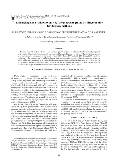 Pdf Enhancing Zinc Availability In Rice Oryza Sativa Grains By Different Zinc Fertilization