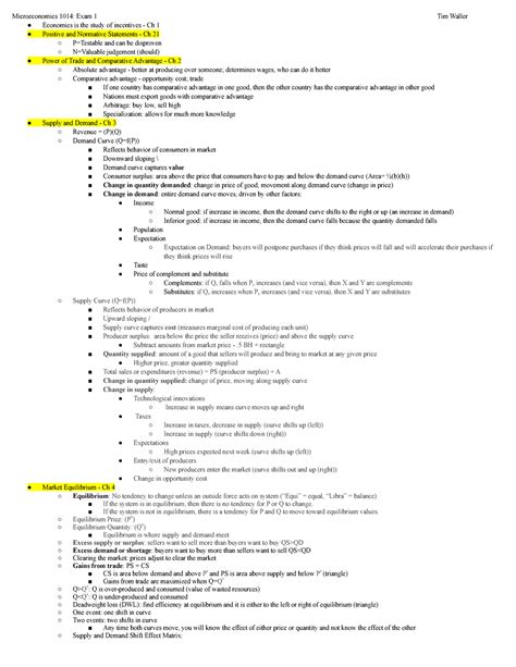 Exam 1 Cheat Sheet Microeconomics 1014 Exam 1 Tim Waller Economics