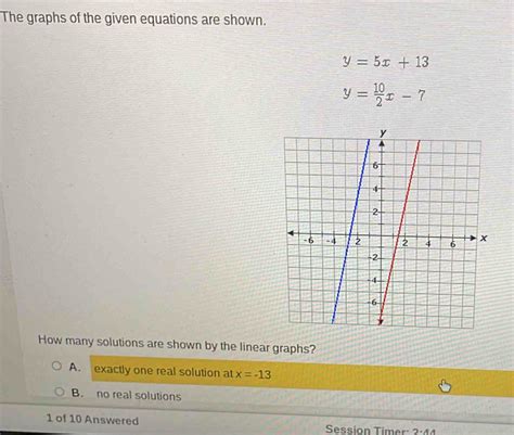 Solved The Graphs Of The Given Equations Are Shown Y 5x 13 Y 10 2 X 7 How Many Solutions Are