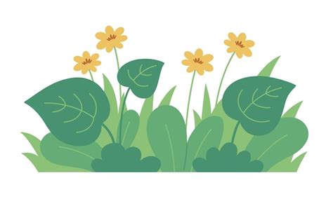 Ilustración de hierba verde con flores amarillas diseño plano vector