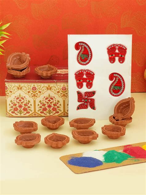 Buy | Terracotta Diya Set, Rangoli Colors and Stickers | Tied Ribbons