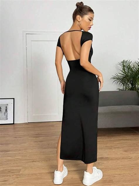 SHEIN EZwear Summer Black Solid Split Thigh Backless Bodycon Y2k Dress