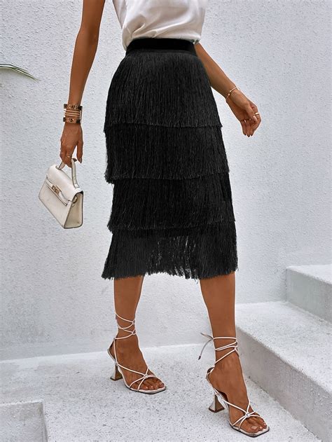 Shein Bae Solid Fringe Layered Hem Skirt Shein Usa