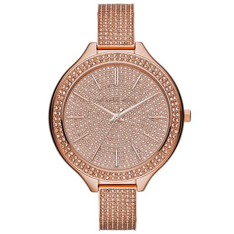 Lyst Michael Kors Womens Slim Runway Glitz Rose Goldtone Stainless Steel Bracelet Watch 43mm