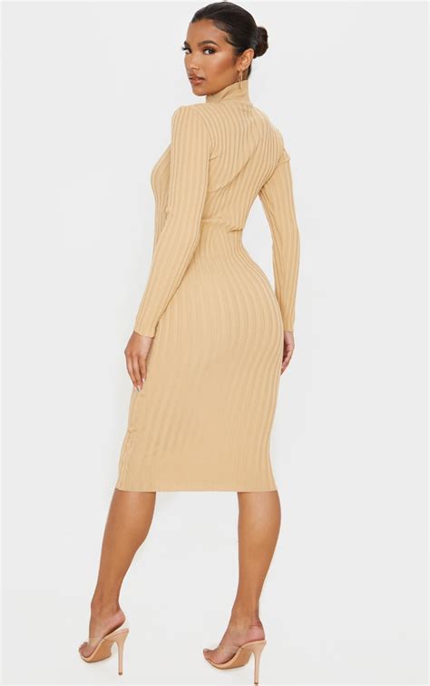 Camel Stretch Knitted Bodycon Midi Dress Prettylittlething