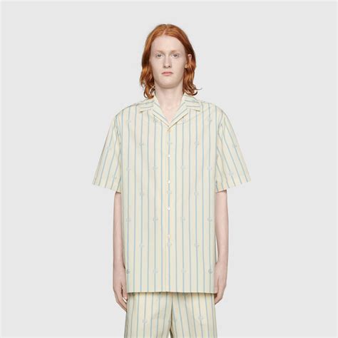 Double G stripe cotton bowling shirt in ivory/light blue cotton | GUCCI® UK