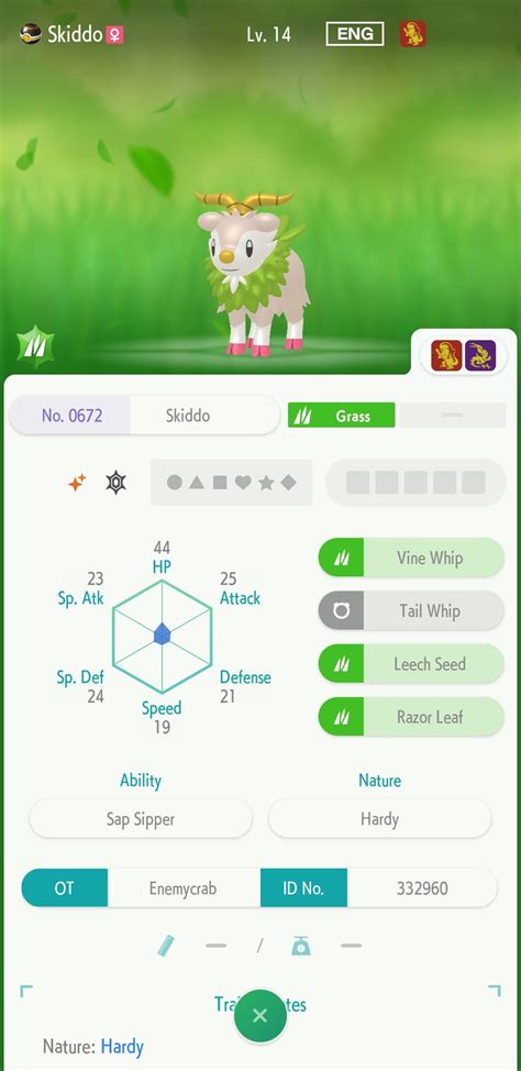 FT: shiny skiddo. LF: high level gallade not shiny : r/PokemonHome