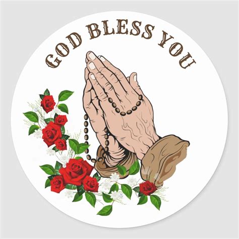 Praying Hands Rosary Red Roses God Bless You Classic Round Sticker