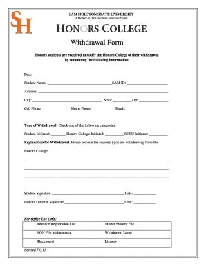 Fillable Online Shsu Honors College Withdrawal Form Sam Houston State