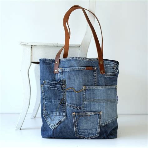 Denim Canvas Tote Bag With Lots Of Pockets Jeans Bag Etsy Denim