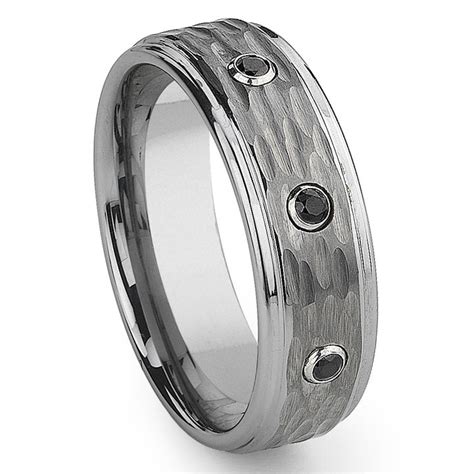 Tungsten Carbide Black Diamond Hammer Finish Wedding Band Ring