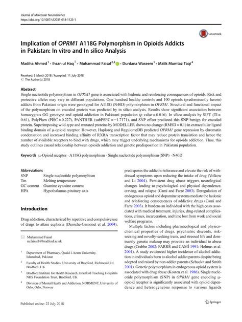 Pdf Implication Of Oprm A G Polymorphism In Opioids Addicts In